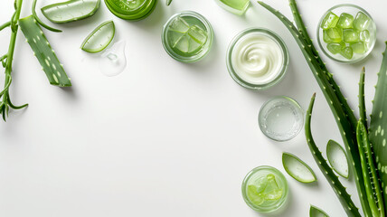 Flat lay of aloe vera skincare products, including creams, gels, and fresh leaves, on a white background with space for text,