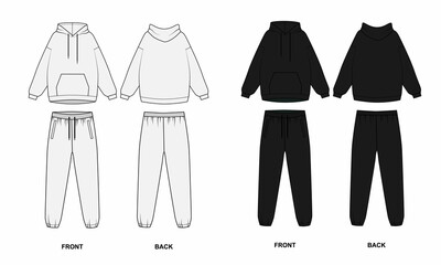 Technical drawing of a basic tracksuit, front and back view. Drawing of hoodie with pocket and joggers with rubber band. Hooded jacket pattern and elastic band sport pants. 