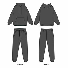 Wall Mural - Technical drawing of a tracksuit, front and back view. Drawing of hoodie with pocket and joggers with elastic band. Template of hooded jacket and joggers with elastic band, black color.