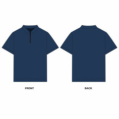 Drawing of polo shirt with collar and zipper, isolate on white background. Technical sketch of polo shirt with zipper front and back view. Polo shirt template in blue color. 