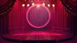 © Fitriyani - Circus stage podium background 3D carnival light red show curtain. Circus platform stage podium tent theater arena sign vintage spotlight circle stand bulb ringmaster ring cirque cartoon party cinema