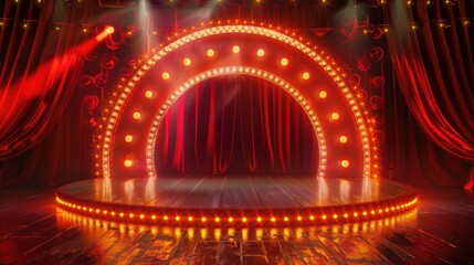 Wall Mural - Circus stage podium background 3D carnival light red show curtain. Circus platform stage podium tent theater arena sign vintage spotlight circle stand bulb ringmaster ring cirque cartoon party cinema