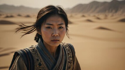 Wall Mural - A Chinese woman in a desert environment with a scarf around her neck. Copy space