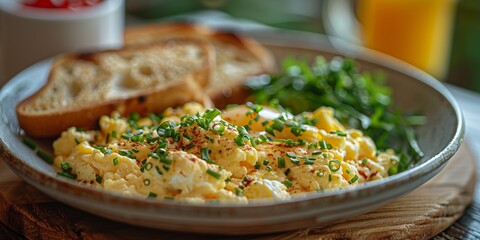 Wall Mural - A nutritious breakfast of scrambled eggs on toast with herbs and vegetables.