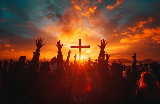 a group of people raising their hands in worship with the silhouette of an cross behind them, a beautiful sunrise is seen in background, emotional and spiritual connection between God & humans