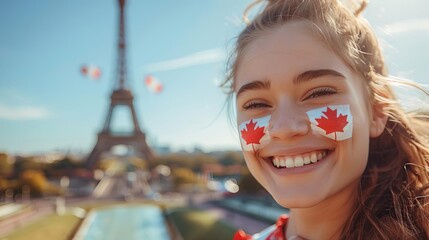 Wall Mural - Olympic Paris sport Focus on a happy face woman smiling, looking at the camera and wearing makeup in the color of the France flag with Eiffel Tower background, on the left side free space, photography