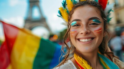 Wall Mural - Olympic Paris sport Focus on a happy face woman smiling, looking at the camera and wearing makeup in the color of the France flag with Eiffel Tower background, on the left side free space, photography