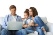 © ty - Positive friendly young parents with smiling little daughter sitting on sofa together answering video call on laptop and waving hand in greeting while relaxing on a transparent background