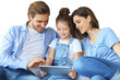 © ty - Positive friendly young parents with smiling little daughter sitting on sofa together answering video call on digital tablet while relaxing on a transparent background