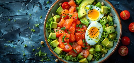 Sticker - The concept of a ketogenic low-carb diet. Healthy eating and dieting with salmon, avocado, eggs and nuts. View from above High quality photo