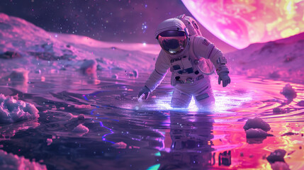 Wall Mural - An astronaut walking through a luminescent colorful organic liquid on an alien planet