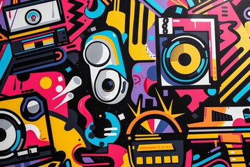 Wall Mural - Geometric patterns and vibrant colors illustrating the high-energy and rhythmic essence of hip-hop music, with abstract boomboxes and graffiti elements