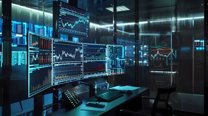 Wall Mural - Dynamic trading room atmosphere with multiple screens showcasing market graphs, reflecting the fast-paced nature of financial trading, all captured with HD precision.