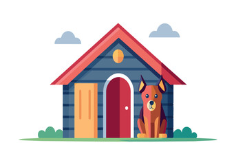 A dog is sitting in front of a red door in front of a blue house