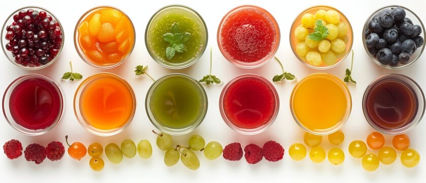 Aerial photo of a fruit smoothie, vibrant colors, isolated on white background