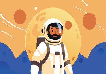 Wall Mural - a man in a space suit is standing in front of a large moon