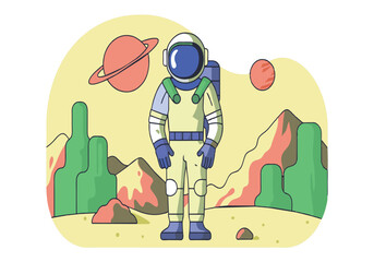 Wall Mural - a man in a space suit stands in front of a mountain range