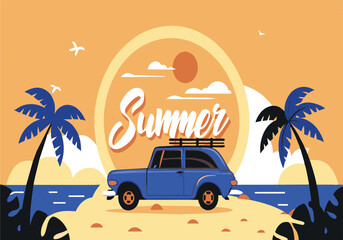 Wall Mural - A blue car is parked on a beach with palm trees in the background