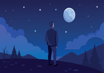 Wall Mural - a man stands on a hill looking at the moon