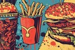 © Lucija - bold pop art vector illustration food items comic book effects kitchen art classic burgers fries pizza soda bright colors stylized graphic fun retro