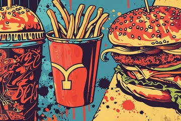 bold pop art vector illustration food items comic book effects kitchen art classic burgers fries pizza soda bright colors stylized graphic fun retro 