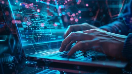 Wall Mural - computer programmer coding on laptop with ai, data science, futuristic tech background