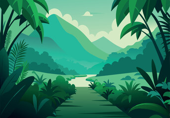 Wall Mural - A lush green jungle with a river running through it