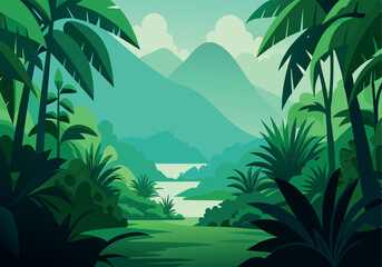 Wall Mural - A lush green jungle with a river running through it