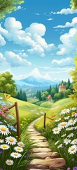 Sticker - Scenic countryside path with daisies and flowers