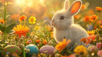 Wall Mural - White rabbit sitting in field of flowers