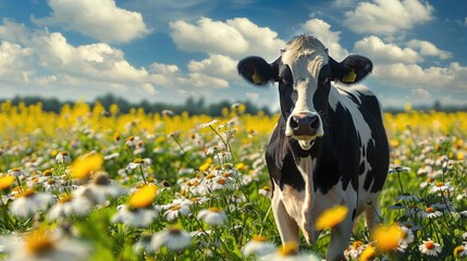 Wall Mural - Cow grazing in daisies field