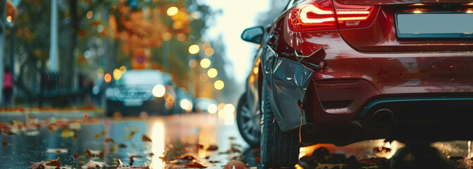 Wall Mural - A red car is parked on the side of the road with a smashed bumper. The car is in the middle of a busy street with other cars and a truck in the background. The scene is dark and rainy