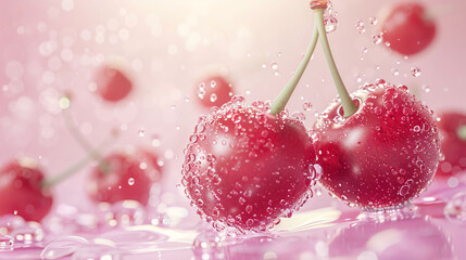 Wall Mural - Red cherries splashing into crystal clear water, healthy gourmet fruit material