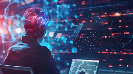 Wall Mural - programmer coding on laptop with ai and data science, futuristic digital technology background