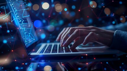 Wall Mural - computer programmer coding with ai on laptop, futuristic technology background, data engineering