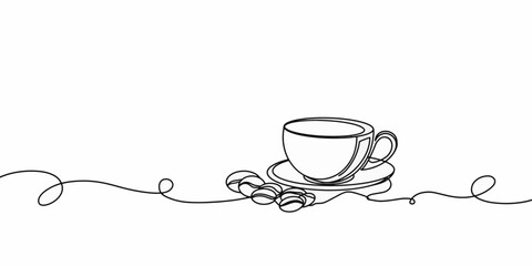 coffee cup and coffee beans, line drawing style, vector design