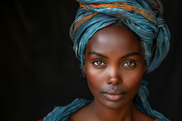 Beautiful black middle-aged woman in blue turban against black backdrop with copy space for ads