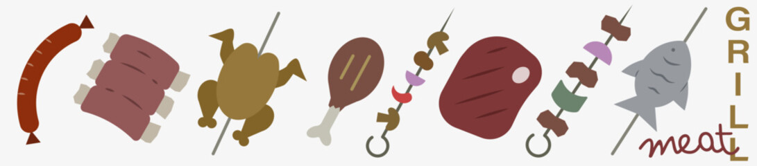 Grilled meat. Everything for the grill colored icons. Grill vector icons. Barbecue grill.