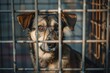 © ArtSpree - A white-red dog in a shelter for homeless animals stands behind the fence of the aviary and looks out. Animal in a cage. Bottom view.. Beautiful simple AI generated image in 4K, unique.