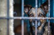 © ArtSpree - A white-red dog in a shelter for homeless animals stands behind the fence of the aviary and looks out. Animal in a cage. Bottom view.. Beautiful simple AI generated image in 4K, unique.