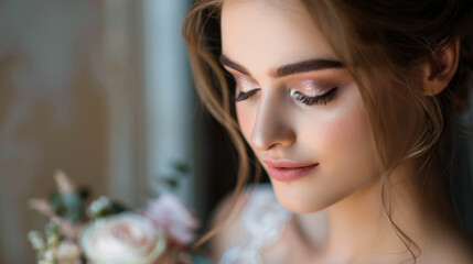 Wall Mural - A woman with long brown hair and pink eyes is wearing makeup and holding a bouquet of flowers