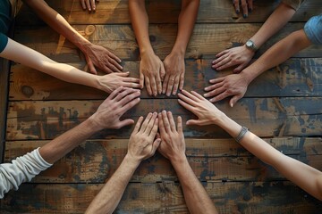 Wall Mural - business teamwork meeting brainstorming concept hands wooden table collaboration team ideas discussion diversity strategy solution planning communication 