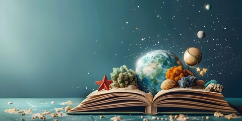 Wall Mural - captivating adventure of scientific discoveries through an open storybook revealing wonders of the u