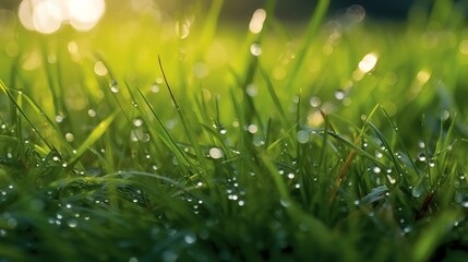 Wall Mural - Fresh green grass with dew drops closeup. Nature background.