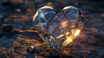An artistic interpretation of a heart-shaped crystal prism with cracks, symbolizing the fractured emotions of a broken heart.