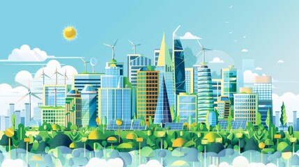 A vibrant urban cityscape featuring innovative solar-powered buildings and infrastructure, with clear areas for text or graphics emphasizing the benefits of sustainable living