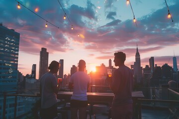 city rooftop party celebration sunset skyline friends dancing music urban nightlife view skyscrapers lights carefree young 