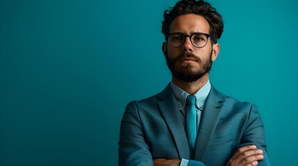 Wall Mural - Formal Portrait of Confident Businessman in Suit Against Blue Background