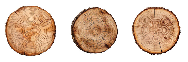 Collection of round wooden tree slice trunk stump wood isolated on white background