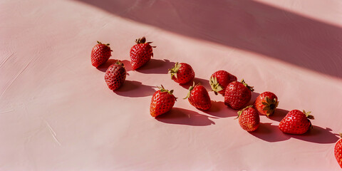 Wall Mural - Fresh Red Strawberries on Pink Background with Natural Sunlight Shadows